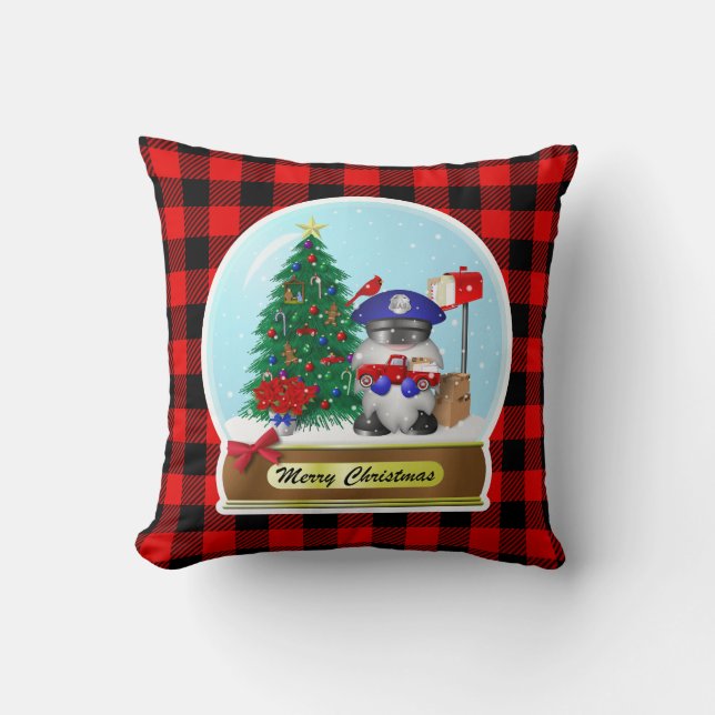 Gnome and Snowman Mail Carrier Snow Globe  Throw Pillow (Front)