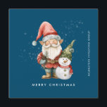 Gnome and Snowman Merry Christmas Businness Flat Holiday Card<br><div class="desc">A gnome dressed in red stands beside a snowman in a green elf stocking hat and red scarf. They are surrounded by a dusting of white snow that pops on the dark blue background. The minimalist aesthetic is created with a simple Merry Christmas below and the business name running perpendicular...</div>