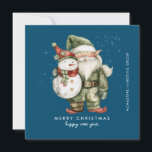 Gnome and Snowman Merry Christmas Businness Flat Holiday Card<br><div class="desc">A gnome dressed in green stands beside a snowman in a red elf stocking hat and red scarf. They are surrounded by a dusting of white snow that pops on the dark blue background. The minimalist aesthetic is created with a simple Merry Christmas and Happy New Year below. The business...</div>