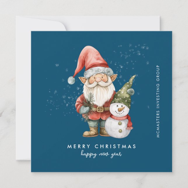 Gnome and Snowman Merry Christmas Businness Flat Holiday Card (Front)