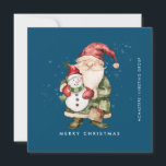Gnome and Snowman Merry Christmas Businness Flat Holiday Card<br><div class="desc">A gnome dressed in red stands beside a snowman in a green elf stocking hat and red scarf. They are surrounded by a dusting of white snow that pops on the dark blue background. The minimalist aesthetic is created with a simple Merry Christmas below and the business name running perpendicular...</div>