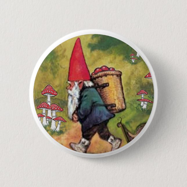 Gnome Apple Basket Snail Mushrooms Fantasy Pinback Button (Front)