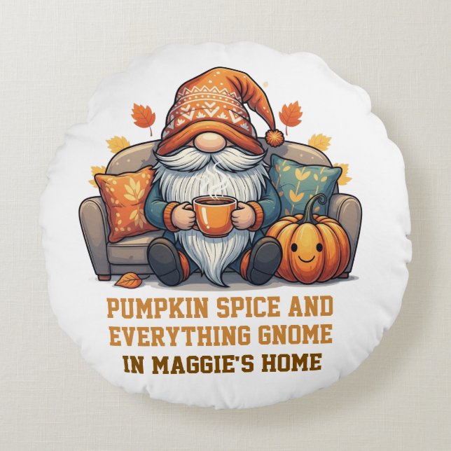 Gnome at home cozy - pumpkin design round pillow (Front)