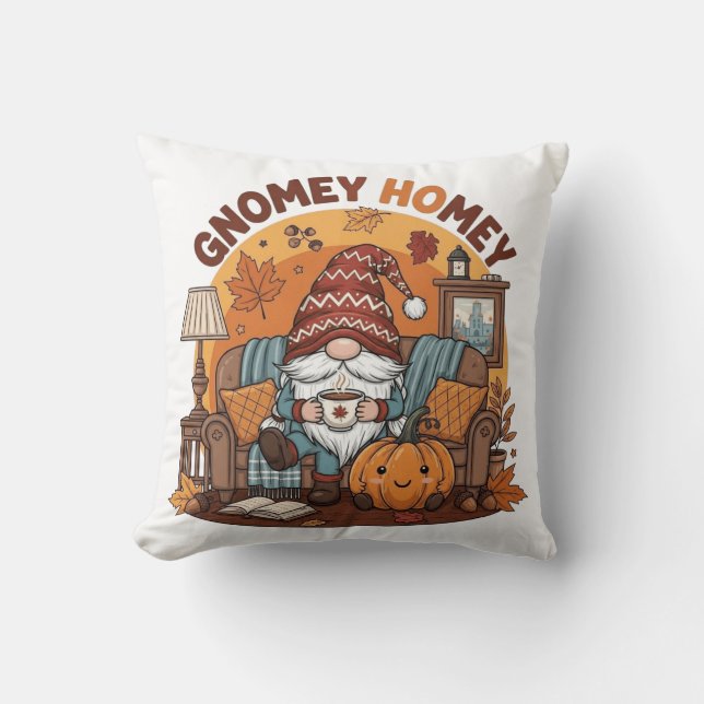 Gnome at home seasonal pumpkin design throw pillow (Front)
