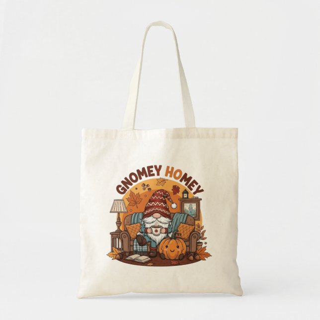 Gnome at home seasonal pumpkin design tote bag (Front)