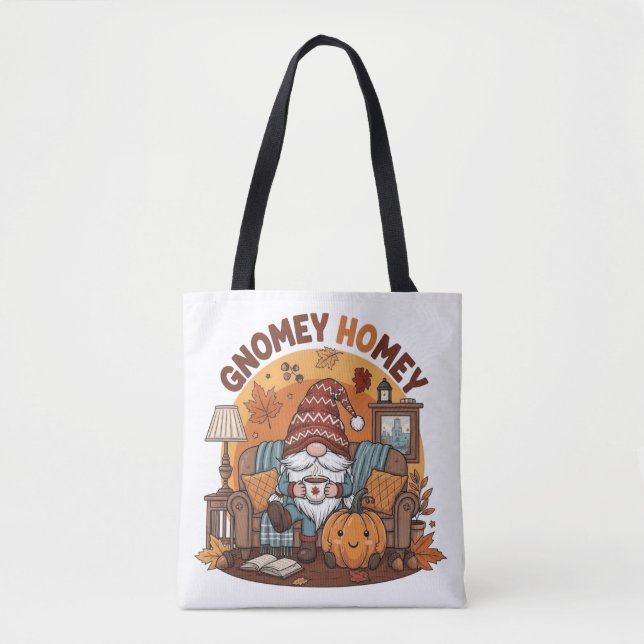 Gnome at home seasonal pumpkin design tote bag (Front)