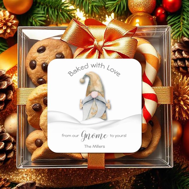Gnome Baked with Love Christmas Personalized Square Sticker (Gnome Baked with Love Christmas Personalized Square 3" Stickers)