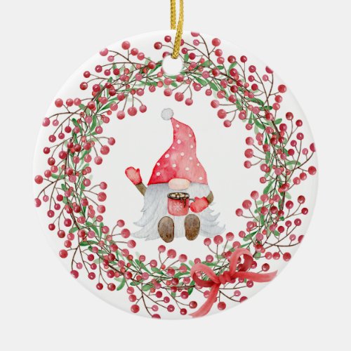 Gnome Berry Wreath  Ceramic Ornament