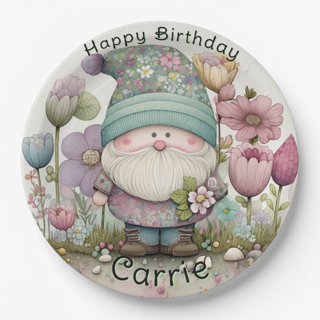 Gnome Birthday Plates, Custom Paper Plates (Front)