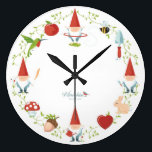 Gnome-body: Wall clocks<br><div class="desc">This clock tells a story! At 3 o'clock, Mr. Gnome starts his day, seed in hand. At 6 o'clock, he plants and waters the seed. At 9 o'clock, he picks a flower for his Love. And at 12 o'clock, it's play-time (aka, hula hoop-time!)</div>