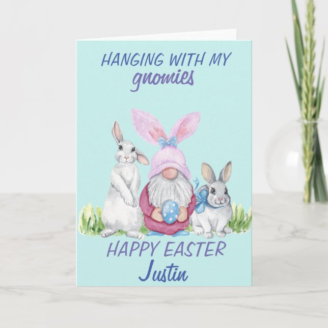 Gnome Bunny Happy Easter Personalized name Card (Front)