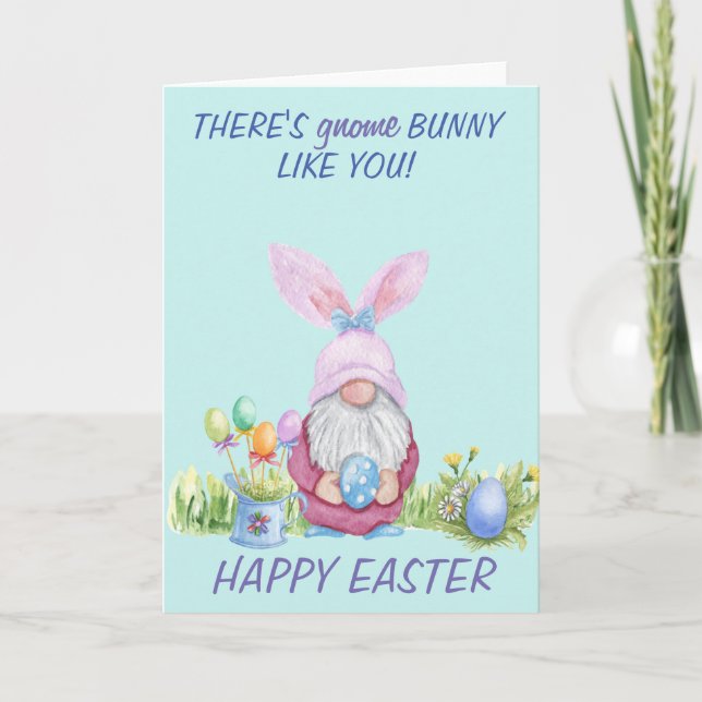 Gnome Bunny Happy Easter Watercolor  Card (Front)