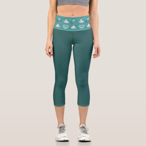 Gnome Buns  Puns gnOMe White Lotus Pattern Teal Capri Leggings