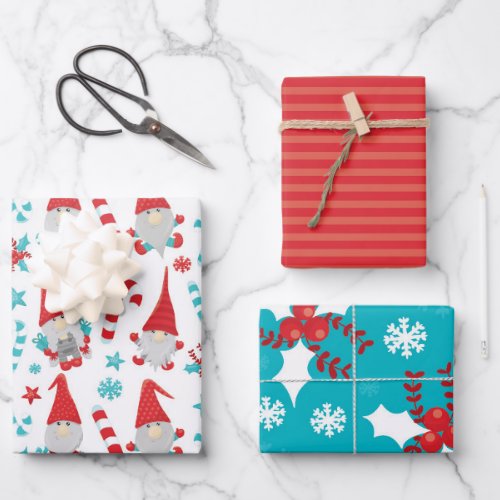 Gnome candy cane holly stripes blue red white wrapping paper sheets