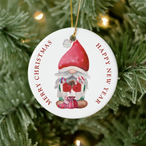 Gnome Candy Cane Pine Cone Ceramic Ornament