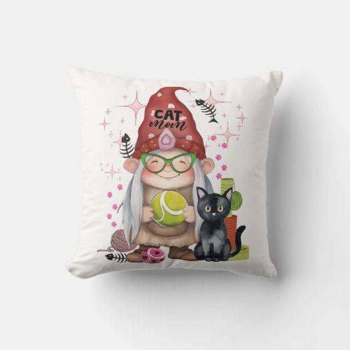 Gnome Cat Mom Throw Pillow