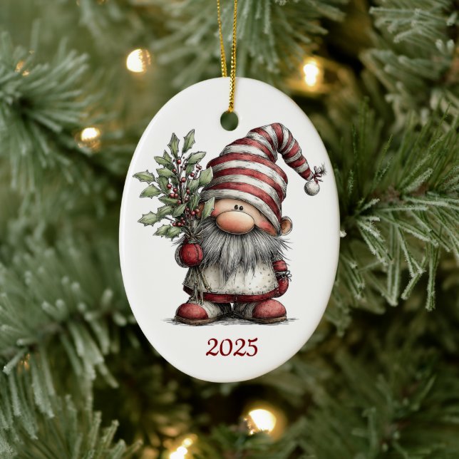 Gnome Ceramic Oval Christmas Ornament (Tree)