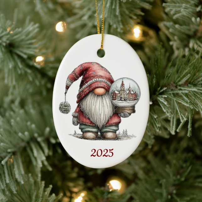 Gnome Ceramic Oval Christmas Ornament (Tree)