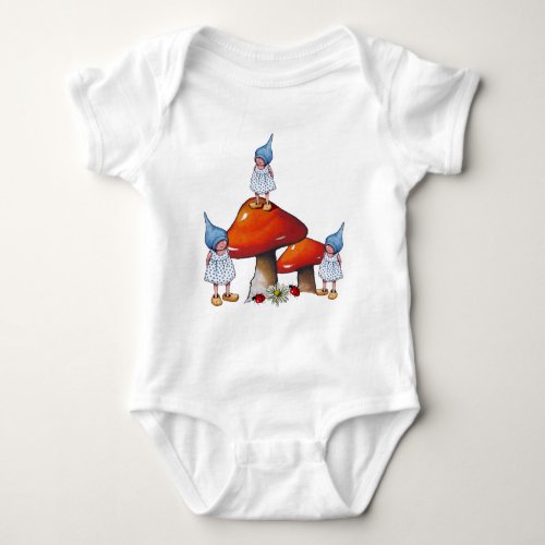 Gnome Children Triplet Girls Toadstools Art Baby Bodysuit