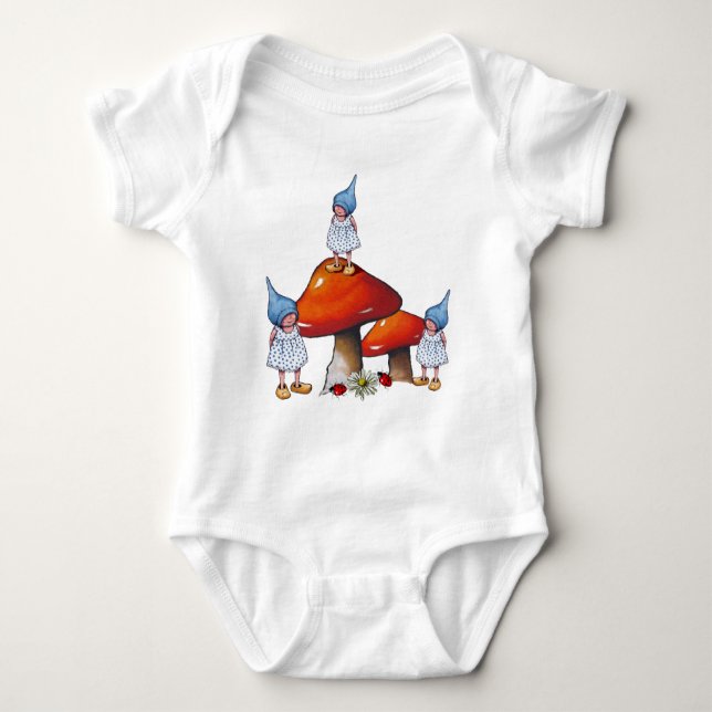 Gnome Children, Triplet Girls, Toadstools, Art Baby Bodysuit (Front)