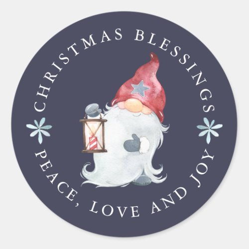 Gnome Christmas Blessings Peace Love Joy Classic Round Sticker