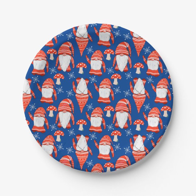 Gnome christmas blue red nordic modern paper plates (Front)