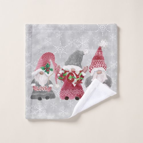 Gnome Christmas Love Joy Peace Gray Snowflakes Wash Cloth