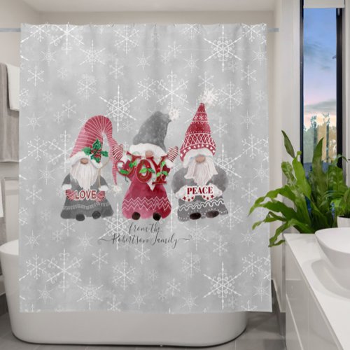 Gnome Christmas Love Joy Peace Snowflakes Family Shower Curtain
