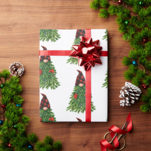 Gnome Christmas Tree Buffalo Check Cute Holiday Wrapping Paper