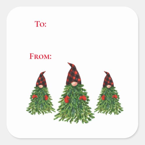 Gnome Christmas Tree Buffalo Check To And From Square Sticker