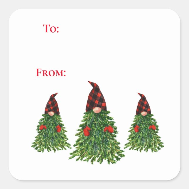 Gnome Christmas Tree Buffalo Check To And From Square Sticker (Front)