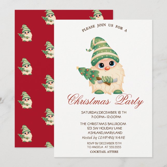 Gnome Christmas Tree Red Company Christmas Party Invitation (Front/Back)