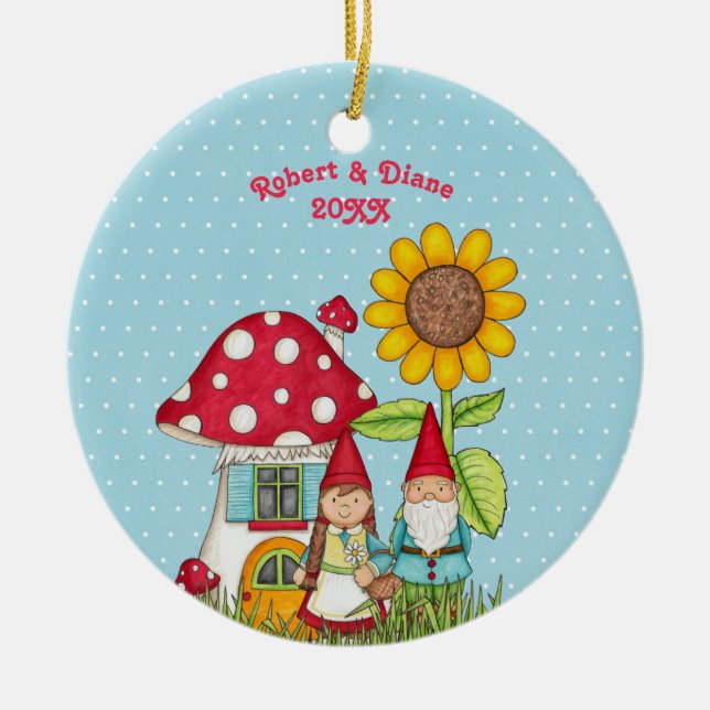 Gnome Couple In Garden on Blue Background Ceramic Ornament (Front)