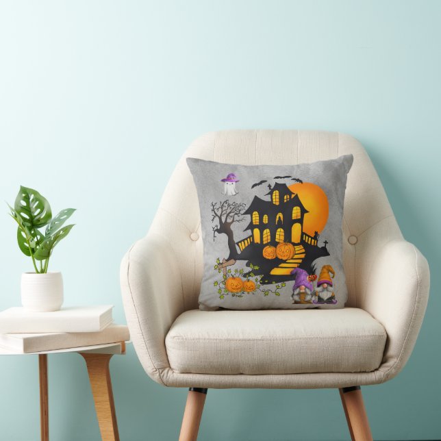 Gnome Couple JackO'Lanterns Haunted House Throw Pillow (Chair)