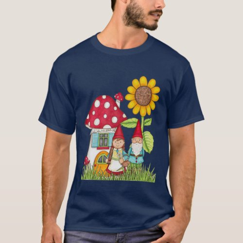 Gnome Couple Mushroom Home Sunflower Unisex T_Shirt