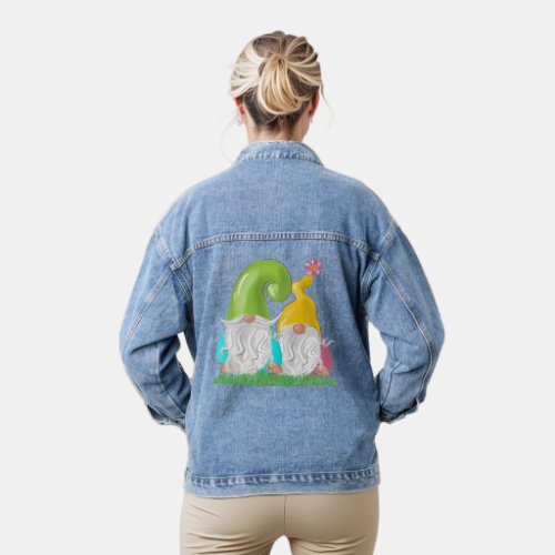 Gnome Couple Standing in the Grass Womens Denim Jacket