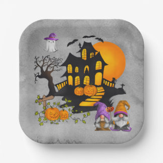 Gnome Couple Whimsical Haunted House Paper Plates