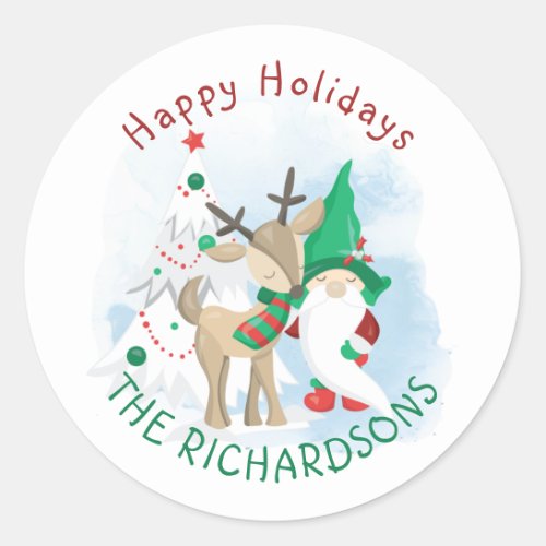 Gnome Deer and Christmas Tree Cute Classic Round Sticker