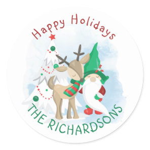 Gnome Deer and Christmas Tree Cute Classic Round Sticker