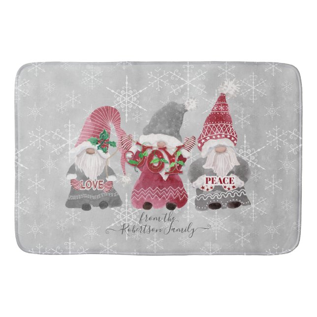 Gnome Family Christmas Love Joy Peace Snowflakes Bath Mat (Front)