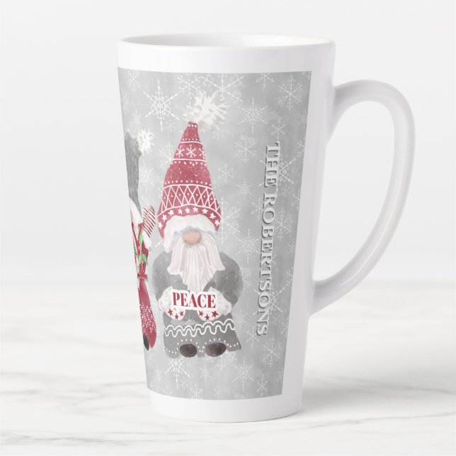 Gnome Family Christmas Snowflake Gray Red Love Joy Latte Mug (Right)