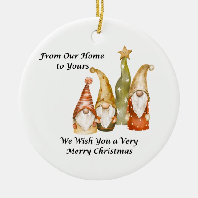 Gnome Family From Our Home to Yours on a  Ceramic Ornament (Front)