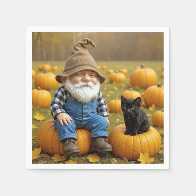 Gnome Farmer and Black Kitten On Pumpkins Napkins (Front)