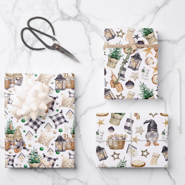 Gnome Farmhouse Black and White Plaid Wrapping Paper Sheets (Front)