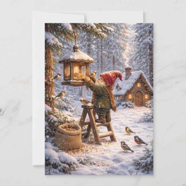 Gnome Feeding Birds Holiday Card (Front)