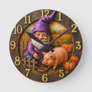 Gnome Feeding Pig in Autumn Farm Scene Clock