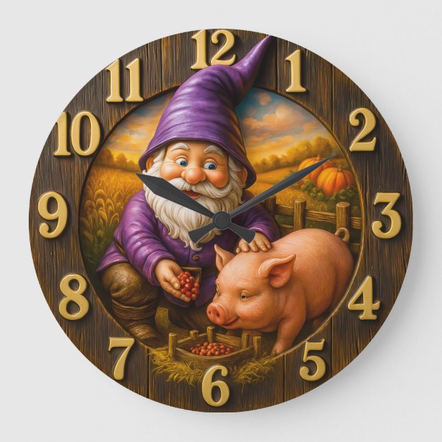 Gnome Feeding Pig in Autumn Farm Scene Large Clock (Front)