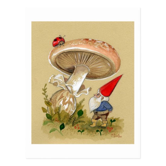 Gnome find a Ladybug and Mushroom Postcard