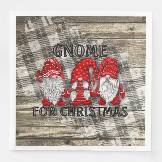 Gnome For Christmas Plaid Rustic Country Farmhouse Paper Dinner Napkins (Front)