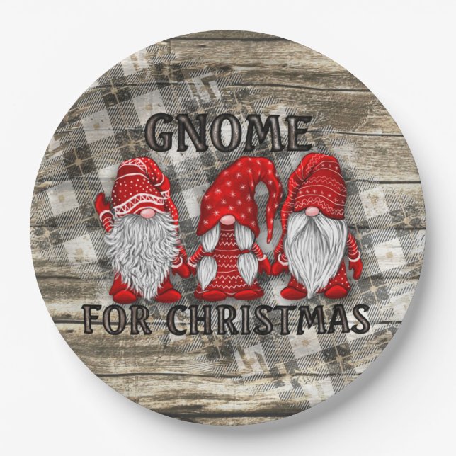 Gnome For Christmas Plaid Rustic Country Farmhouse Paper Plates (Front)